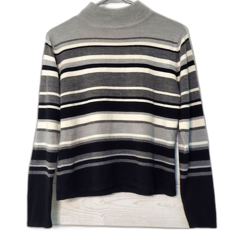 Croft & Barrow Sweater Small Stripes Black Gray Mock Neck Long Sleeve